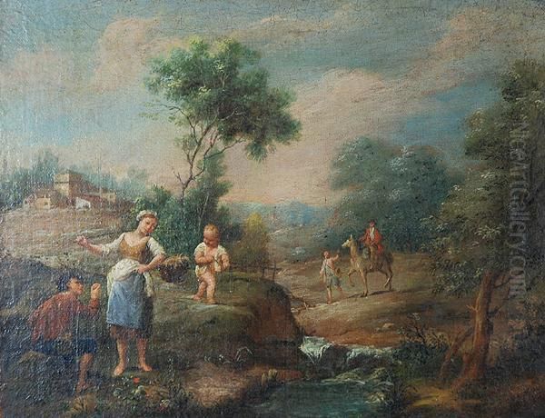 Scena Pastorale Con Contadinelli
 Galanti, Fanciullo Eviandante A Cavallo Con Palafreniere Oil Painting by Francesco Zuccarelli
