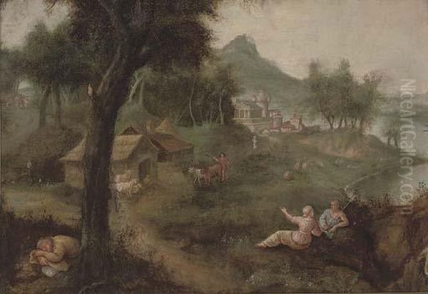 An Italianate Wooded River Landscape With A Shepherd And His Flock, A Village Beyond Oil Painting by Francesco Zuccarelli