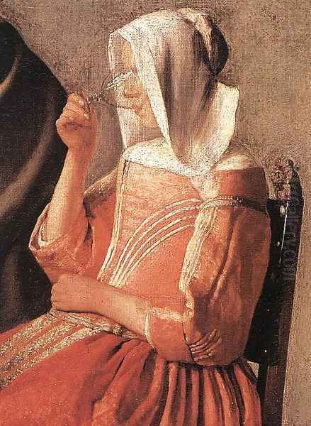 A Lady Drinking and a Gentleman (detail-2) c. 1658 Oil Painting by Jan Vermeer Van Delft