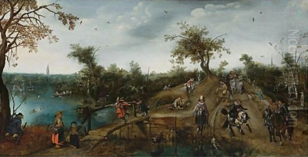Prince Maurits and Frederik Hendrik of Nassau riding in a horsedrawn carriage, 1616 Oil Painting by Adriaen Pietersz. Van De Venne