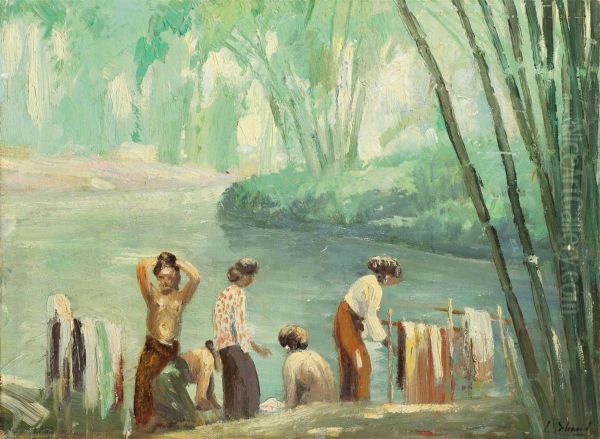 Washing By The River Oil Painting by Leo Eland