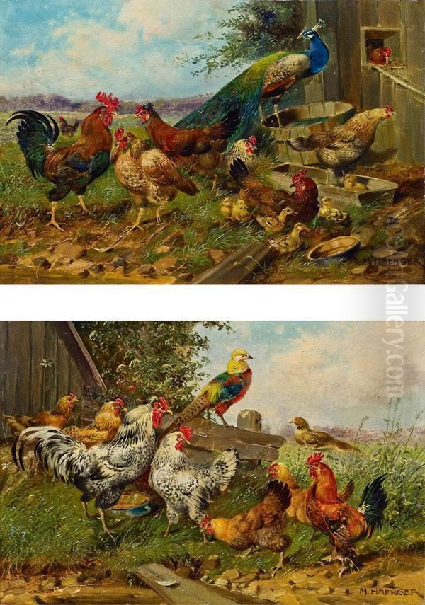 Pfau Am Huhnerhof Oil Painting by Max I Hanger
