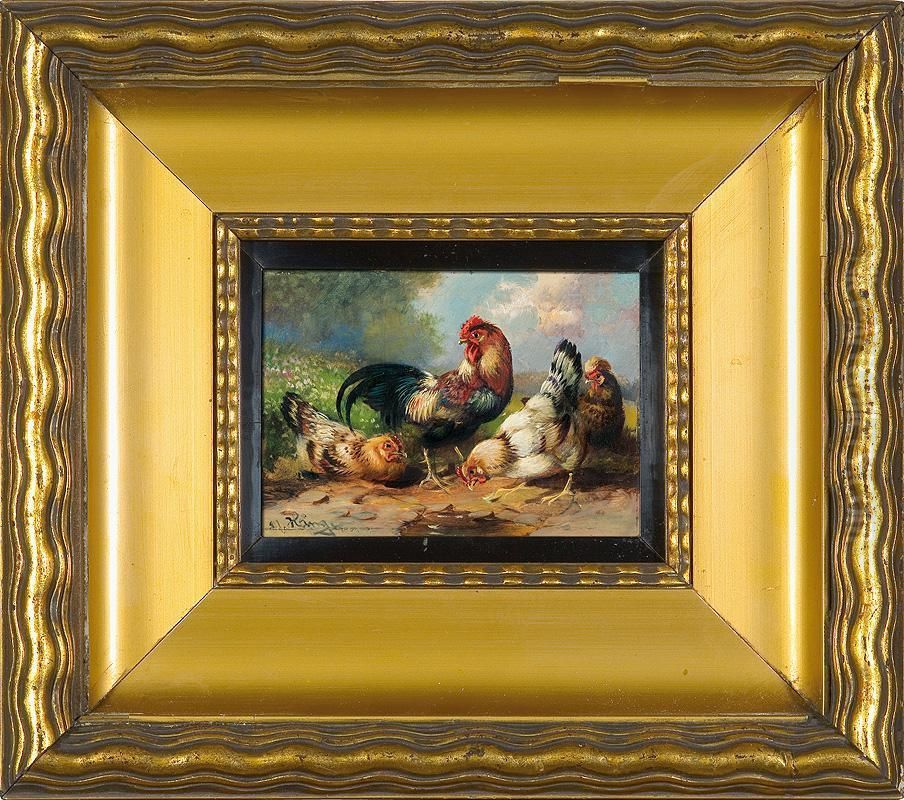 On The Yard. Cock And Hens Oil Painting by Max I Hanger