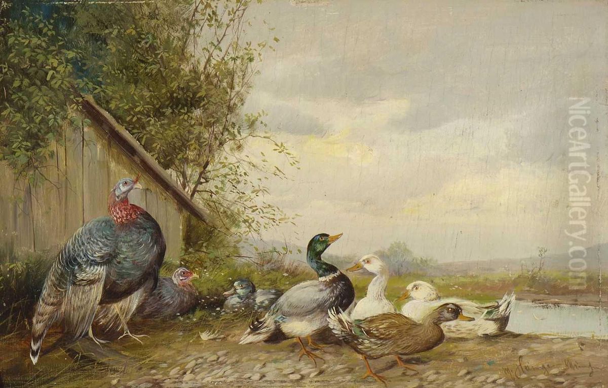 Enten Und Puter Am Teichufer Oil Painting by Max I Hanger
