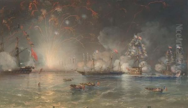 Rivista Navale A Spittred Oil Painting by Carlo Bossoli