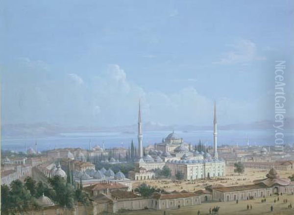 The Sultan Beyazit Ii Mosque 
Complex With A View Of The Golden Horn Beyond, Constantinople Oil Painting by Carlo Bossoli