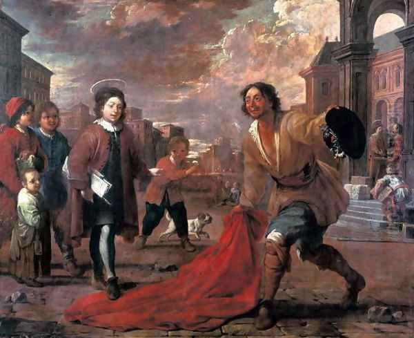 A Madman Lays Down his Cape for the Infant Saint Francis to Walk Upon Oil Painting by Antonio Viladomat Y Manalt