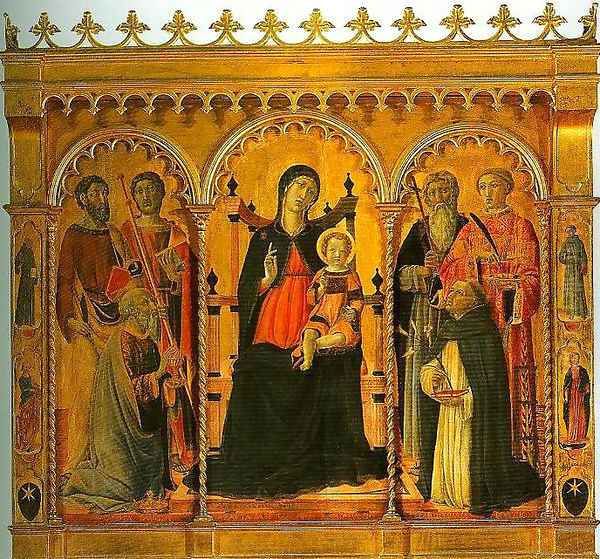 Madonna and Child Enthroned with SS Bartholomew James Eligius Andrew Lawrence and Dominic Oil Painting by Vecchietta