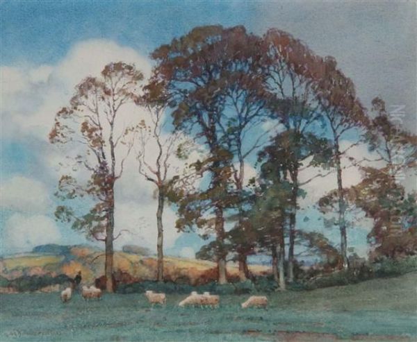 Landscape With Shepherd And Grazingsheep Oil Painting by Albert Moulton Foweraker