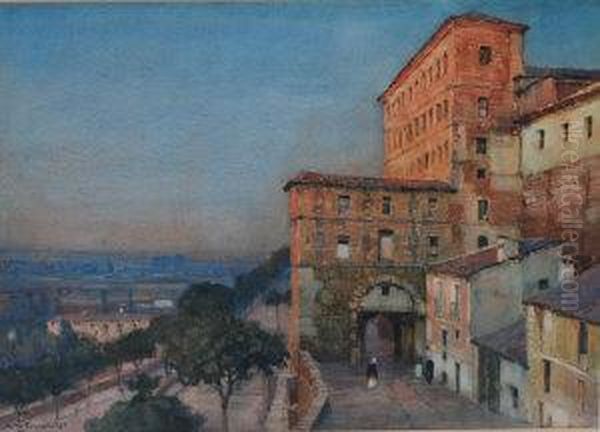 View Of An Italianate Hill-top Town At Sunset Oil Painting by Albert Moulton Foweraker