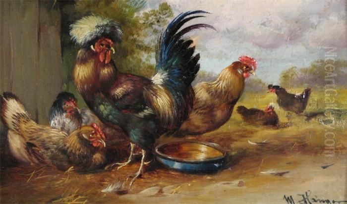 Chickens In A Farmyard Oil Painting by Max I Hanger
