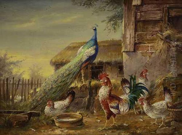 Huhnerhof Mit Pfau. Oil Painting by Max I Hanger