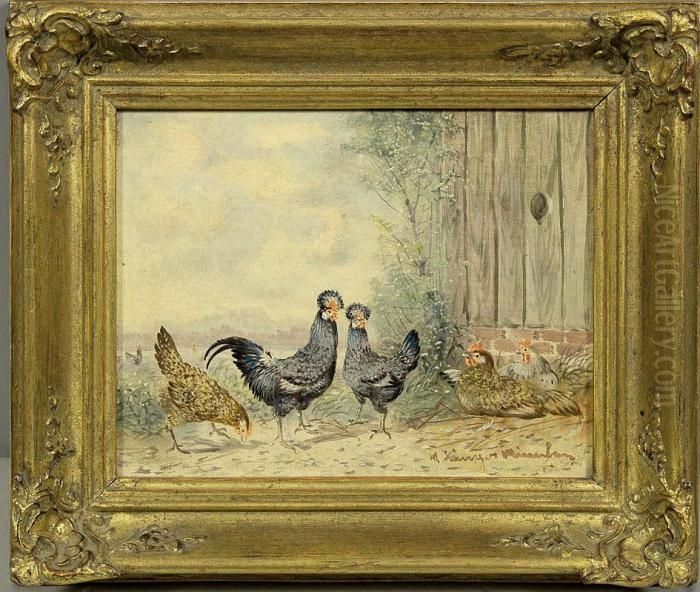 Huhnerhof Mithaubenhuhnern Am Stall Oil Painting by Max I Hanger