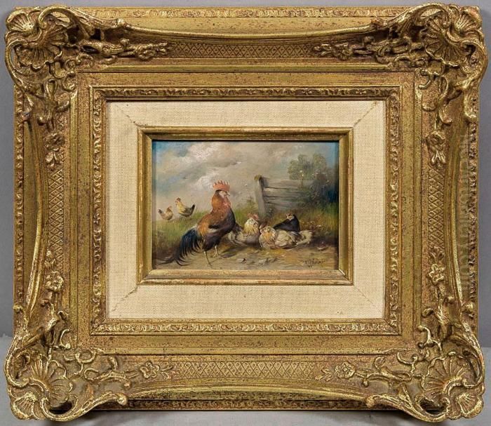 Stolzer Hahn Mit Seinerhennenschar Vor Einem Wiesengatter Oil Painting by Max I Hanger