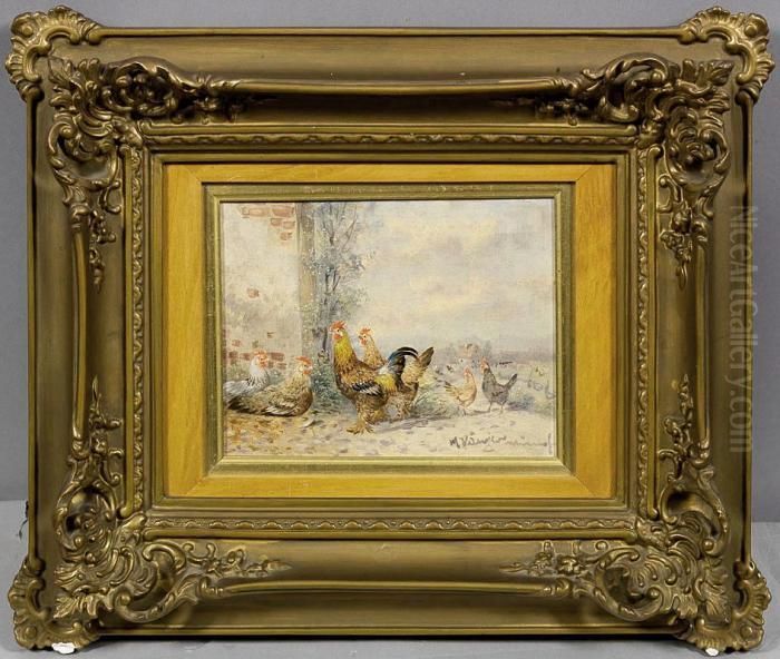 Fruhling Am Geflugelhofmit Federfusigen Zwerghuhnern Oil Painting by Max I Hanger