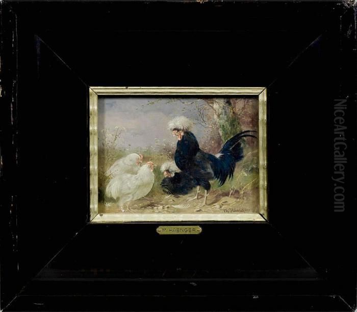 Hollanderweishauben-huhner Am Wiesenrand Oil Painting by Max I Hanger