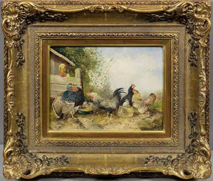 Sommerliches Tieridyllmit Huhnerschar Und Truthahn Am Stall Oil Painting by Max I Hanger