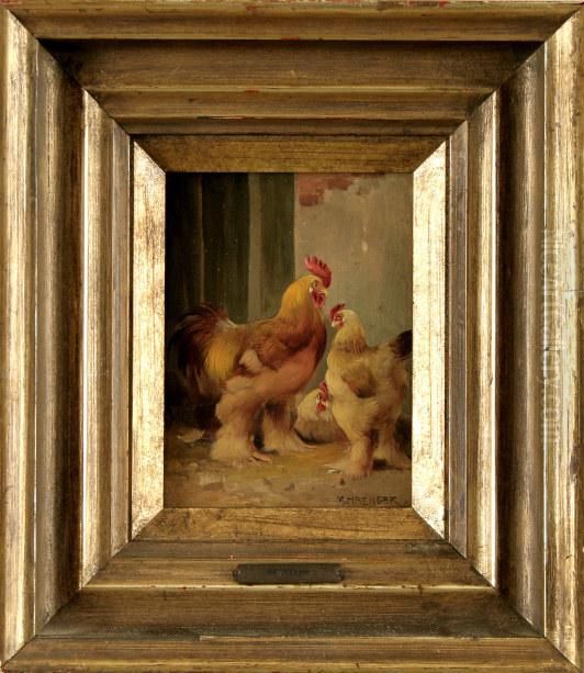 Rassehahn Mit Zweihennen Im Stall Oil Painting by Max I Hanger