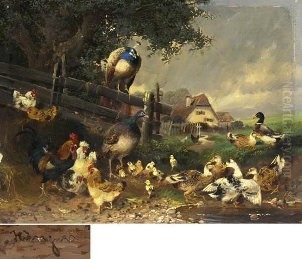 Diverses Federvieh In Dorflandschaft Oil Painting by Max I Hanger