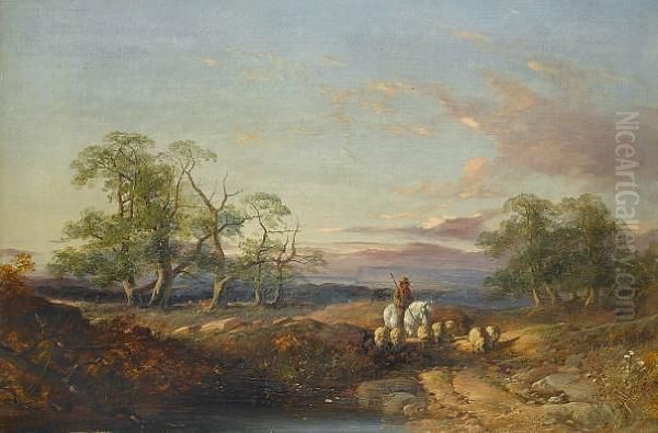 Landscape With Sheep And Drover; A Family Group On A Country Lane Oil Painting by James Duffield Harding