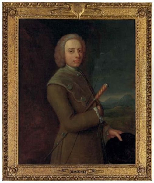 Portrait Of A Gentleman, 
Three-quarter-length, In A Brown Coat, Holding A Riding Crop And Hat Oil Painting by Joseph Highmore