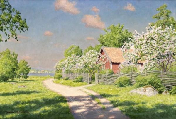 Sommaridyll Med Blommande Frukttrad Oil Painting by Johan Krouthen