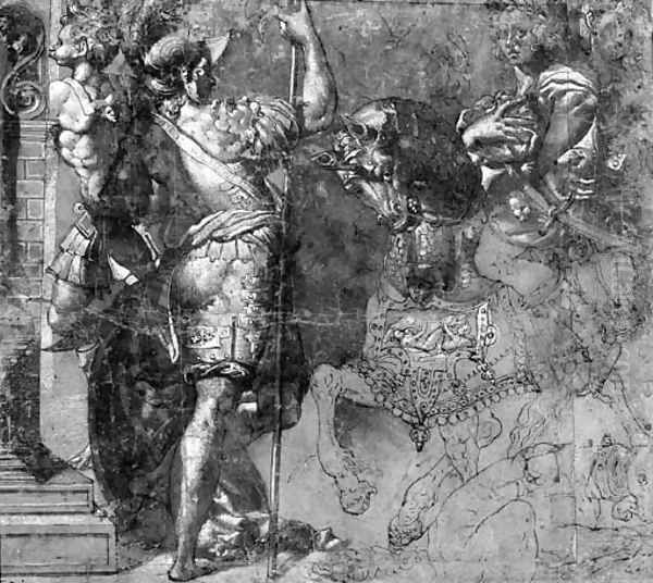 A Warrior On A Horseback And Two Standing Soldiers Oil Painting by Perino del Vaga (Pietro Bonaccors)