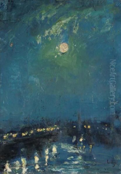 The River Thames, London, Moonlight Oil Painting by Lesser Ury