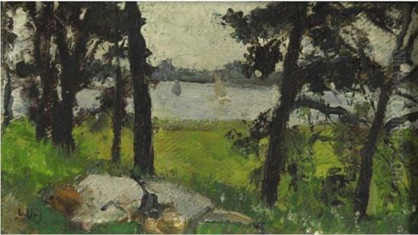 Figure Resting Beside A Lake Oil Painting by Lesser Ury