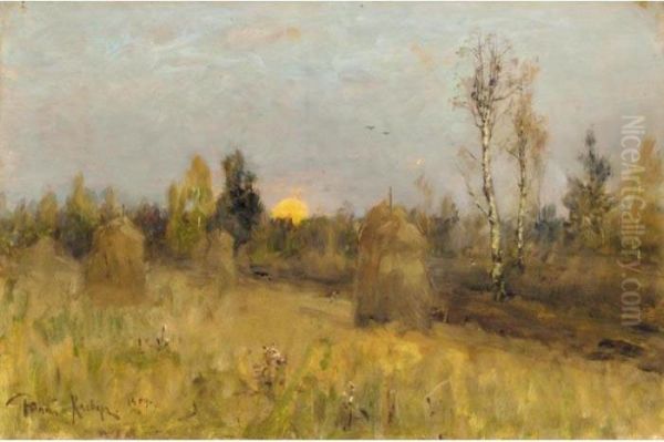 Twilight Over The Haystacks Oil Painting by Iulii Iul'evich (Julius) Klever