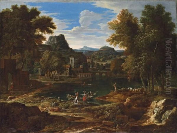An Extensive Classical Landscape
 With Figures Unloading A Boat On A River, A Flock Of Sheep, A Villa And
 Hills Beyond Oil Painting by Etienne Allegrain