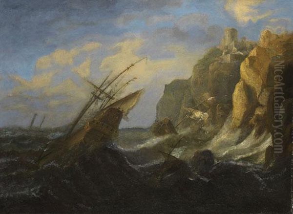 Nachfolge - Seesturm An Felsiger Kuste Oil Painting by Jacob Adriaensz. Bellevois