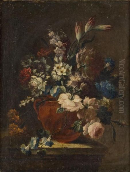 Rose, Garofani, Campanule, Gelsomini, Azalee E Altri Fiori In Un Vaso Su Un Tavolo Oil Painting by Andrea Belvedere