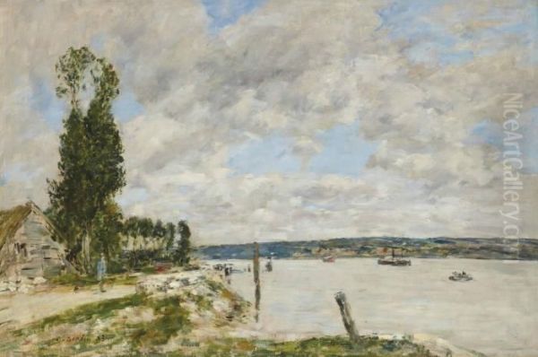 Environs De Quillebeuf. Le Bac De Mailleraye Oil Painting by Eugene Boudin