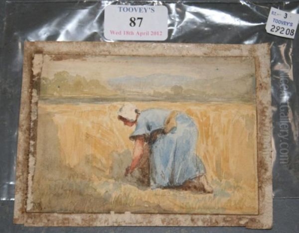 Woman Reaping Oil Painting by Basil Bradley