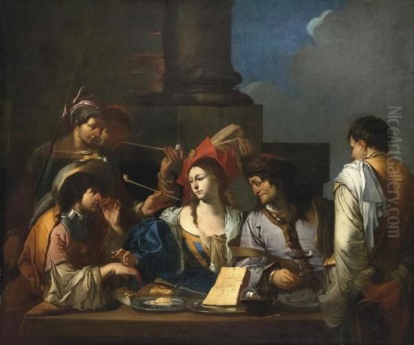 Scena Di Genere (l'olfatto) Oil Painting by Giulio Carpione
