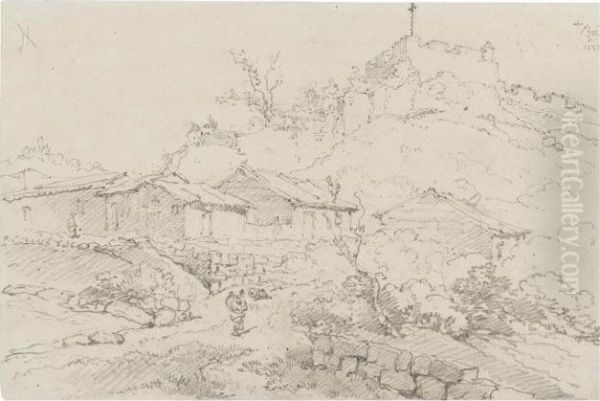 A Figure On A Track Below A 
Citadel (illustrated); And A Study Of A Chinese Fisherman, Gamblers And 
Two Goats (recto) And Subsidiary Figure Studies (verso) Oil Painting by George Chinnery