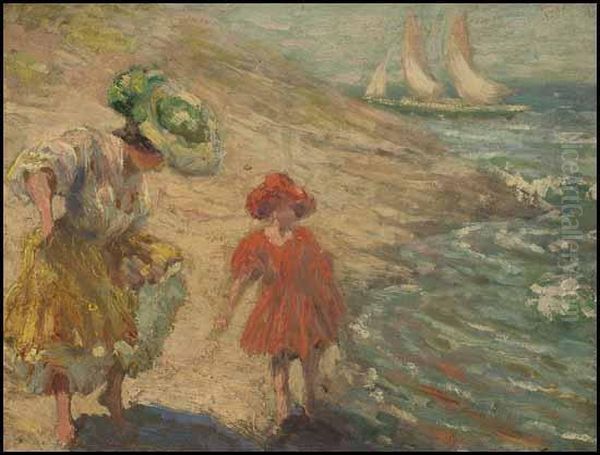 Mother And Daughter On The Beach Oil Painting by William Henry Clapp