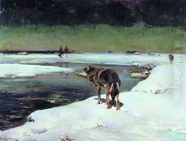 Wolf at Night (Wolfe in der Nacht) Oil Painting by Alfred Wierusz-Kowalski
