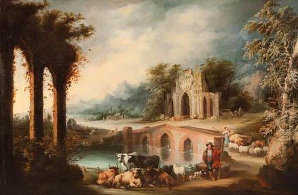 Ganaderos Con Rebanos En Paisaje Con Ruinas Neogoticas Oil Painting by Andres Cortes Yaguilar