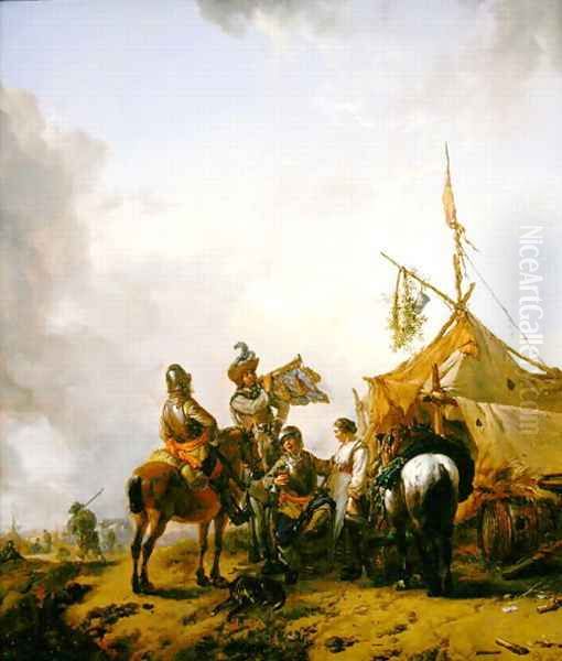 Soldiers carousing with a serving woman outside a tent Oil Painting by Philips Wouwerman