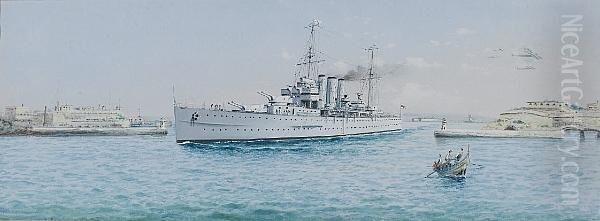 County Class Cruiser Leaving The
 Grand Harbour, Valletta; View Of Fort Saint Elmo, Valletta, A Pair Oil Painting by Vincenzo D Esposito