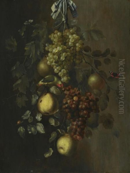 A Festoon Of Grapes, Apples And 
Pears Hanging From A Nail, With Snails, Butterflies And A Parrot Oil Painting by Gillis Gillisz. de Bergh