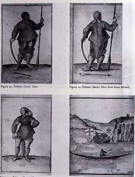 Eskimo (Inuit) Man; Eskimo (Inuit) Man Seen from Behind; Eskimo (Inuit) Woman and Baby; Englishmen in a skirmish with Eskimos Oil Painting by John White