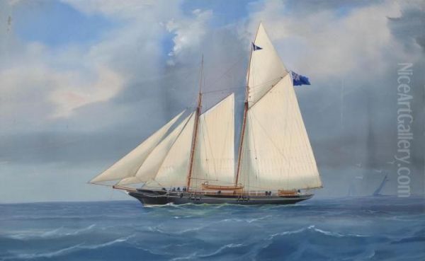 A Racing Schooner Close-hauled At Sea Oil Painting by Antonio de Simone