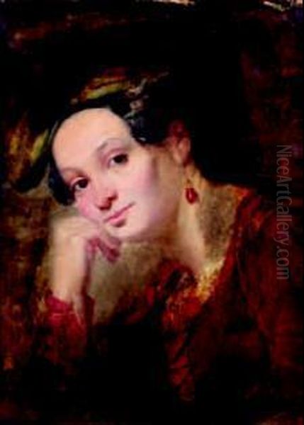 Une Jeune Napolitaine Oil Painting by Eugene Francois Marie Joseph Deveria
