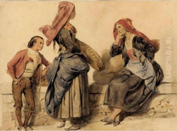 Three Figures Conversing Oil Painting by Eugene Deveria