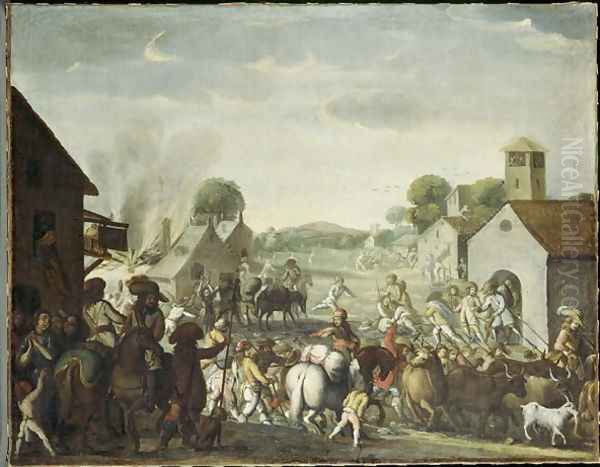 Troops Plundering a Village during the Thirty Year War, 1660 Oil Painting by Cornelis de Wael