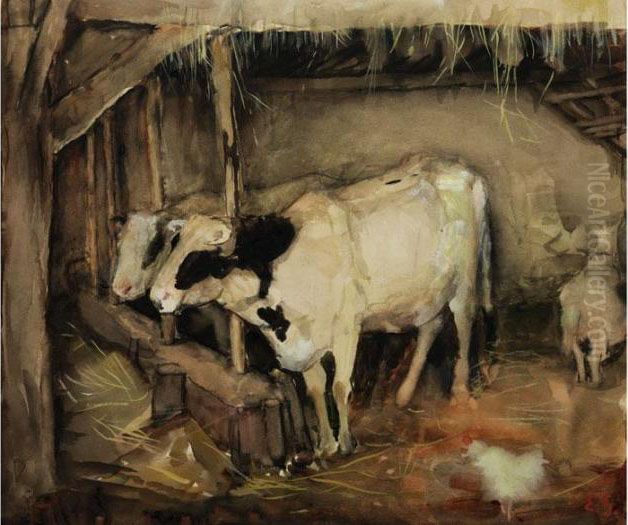 Zwei Kuhe Im Stall Oil Painting by Emiel Gastemans