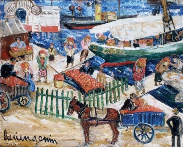 Le Dechargement Du Navire Dans Le Port De Marseille Oil Painting by Lucien Genin